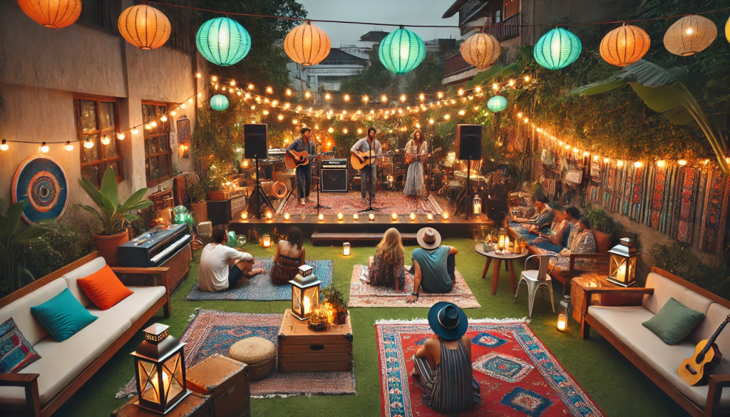 Concert de música indie a l'aire lliure en un jardí, amb músics locals actuant sota llums de corda, decoració de festival i ambient relaxat - El Teu Concert.